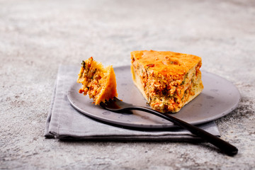 Meat pie with vegetables. Snack. Homemade baking.