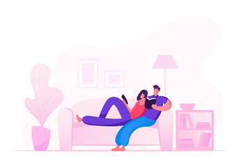 Young People Spend Free Time Together. Couple of Woman and Man Sitting on Sofa at Home Reading Books, Love and Loving Relations Leisure, Weekend, Relaxed Spare Time Cartoon Flat Vector Illustration