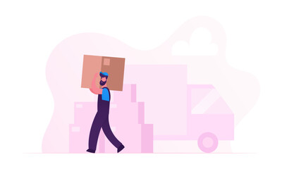 Worker Wearing Uniform Carry Big Cardboard Box on Shoulder Unloading Truck. Relocation and Moving into New House Concept. Professional Delivery Company Loader Service Cartoon Flat Vector Illustration