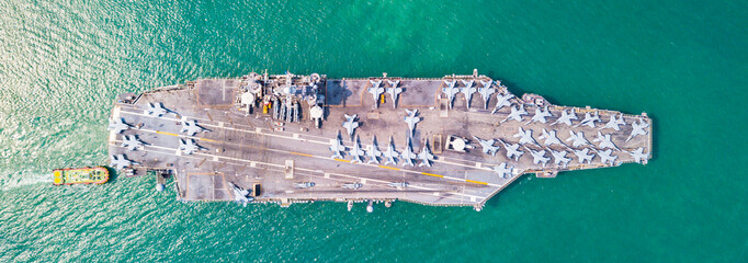 Top View Aircraft Carrier warship battleship In the ocean Navy
