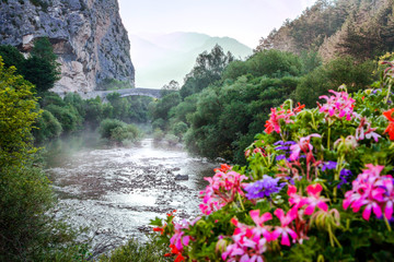 Mountain river in the middle of the Alpine mountains of France near the medieval town of Castellane