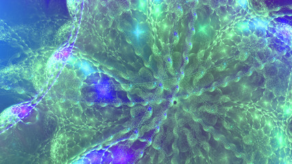 Abstract fractal background made out of   an intricate flower and star like structure with small decorative stars in shining colors.