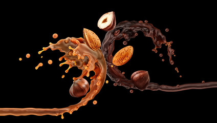 Liquid dark chocolate, sweet caramel sauce 3D swirls splashes twisted with almonds, hazelnuts. Сombination of caramel, chocolate, hazelnuts, almonds flavors. Banner, label ad design element isolated
