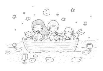 Cute cartoon kids in the boat. funny hares and a cat. Best friends went on a trip.