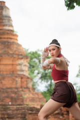 Thai Boxing Women prepare to training boxing and kickboxing for exercise at the old temple.
