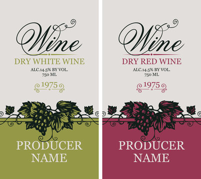 Vector set of two labels for red and white wine with bunches of grapes and calligraphic inscriptions in retro style