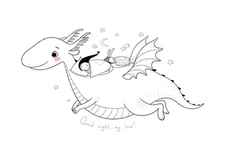 Obraz premium Cute cartoon gnome is flying on a dragon. elf and dinosaur -