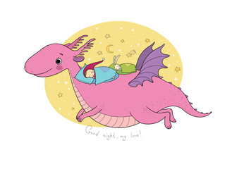 Cute cartoon gnome is flying on a dragon. elf and dinosaur -