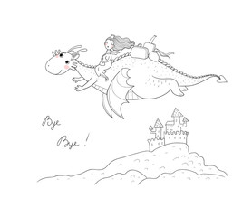 The princess is flying on a dragon. Queen and dinosaur.
