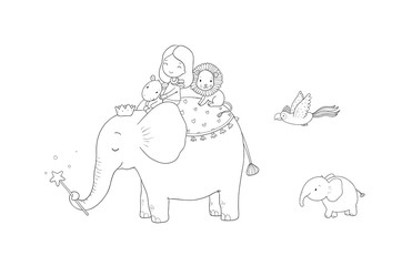 Cute cartoon girl, elephant, monkey and hippo.