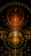 Abstract fractal background made out of various rings, arches and geometric patterns thoroughly interconnected, in shining colors.