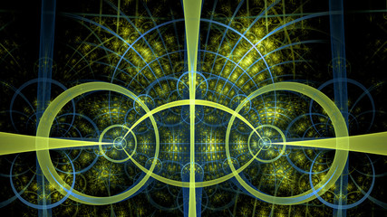 Abstract fractal background made out of intricate pattern of interconnected rings, arches and geometric patterns in glowing blue, green yellow