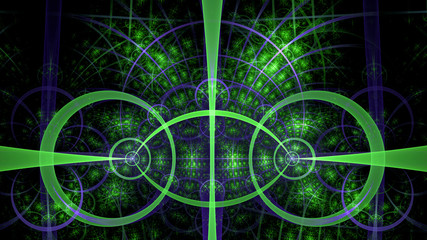 Abstract fractal background made out of intricate pattern of interconnected rings, arches and geometric patterns in glowing green,purple
