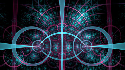 Abstract fractal background made out of intricate pattern of interconnected rings, arches and geometric patterns in glowing teal,pink