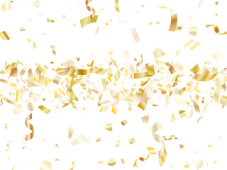 Holiday realistic gold confetti flying on black background.