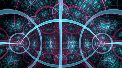 Abstract fractal background made out of intricate pattern of interconnected rings, arches and geometric patterns in glowing teal,pink