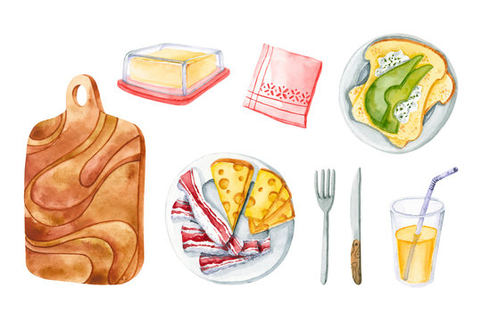 Watercolor cutting board, bacon, cheese, toast, butter, napkin, juice, cutlery. Isolated on white hand drawn illustration of breakfast food perfect for kitchen design, fabric textile, icon, poster