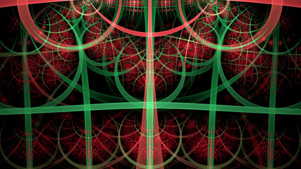 Abstract fractal background made out of intricate pattern of interconnected rings, arches and geometric patterns in glowing red,green