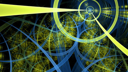 Abstract fractal background made out of intricate pattern of interconnected rings, arches and geometric patterns in glowing blue, green yellow