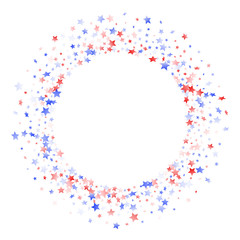 Flying red blue white star sparkles on white vector american patriotic background.