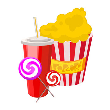 Set of food. Popcorno red bundle in white strip with inscription. Drink in red cups with white tube in yellow stripe, sweet, tasty lollipops. Modern vector flat image isolated on white background.