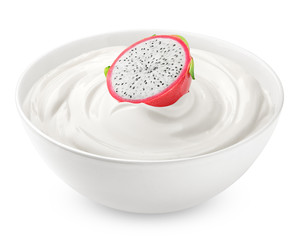 dragon fruit with sour cream, yogurt, isolated on white background, clipping path, full depth of field
