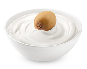 kiwi with sour cream, yogurt, isolated on white background, clipping path, full depth of field