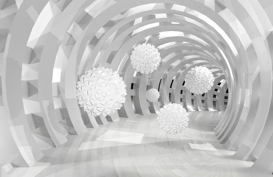 Fototapeta 3d ściany tunel z latającymi piłek 3d renderingiem