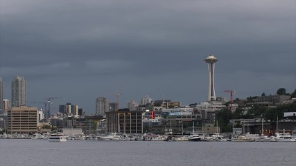 Slow Pan from Space Needle to Downtown Seattle