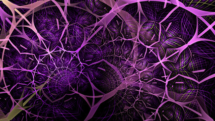 Abstract fractal background made out of an intricate interconnected organic looking branching pattern with rectangular tiles in glowing colors. © Anei