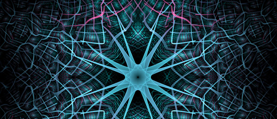 Abstract fractal background made out of   an intricate large central star with decorative beams, arches, rings and rectangular tiles in vivid colors. 