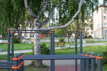 Fototapeta na wymiar Sports ground with horizontal bar and bars under the birch
