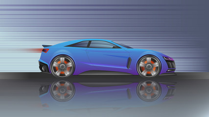 Blue purple car sports car in high-speed running. Realistic Design violet super car. Vector illustration.