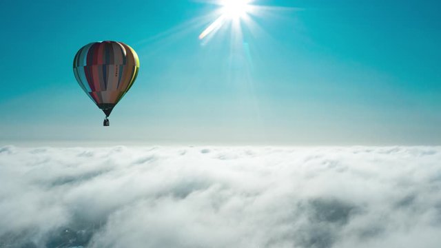 Balloon above clouds, aerial timelapse. Ballooning.  Concept of adventure, fun, flight
