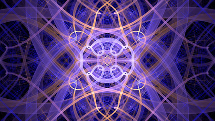 Abstract fractal background made out of   an intricate large central star with decorative beams, arches, rings and rectangular tiles in vivid colors. 