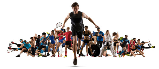Sport collage. Running, soccer, fitness, bodybuilding, tennis, fighter and basketball players