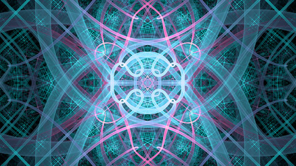 Abstract fractal background made out of   an intricate large central star with decorative beams, arches, rings and rectangular tiles in vivid colors. 