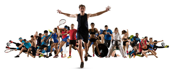 Sport collage. Running, soccer, fitness, bodybuilding, tennis, fighter and basketball players