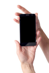 Female hand with smartphone on a white background