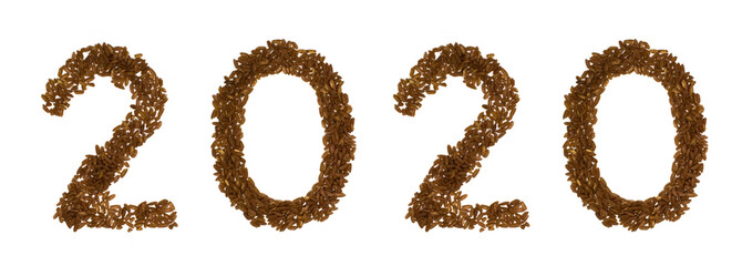 Numeral 2020 from black rice isolated on white. Flat lay, top view