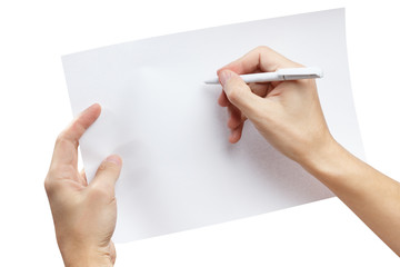 Hands holding A4 paper and writing on it, isolated on white background