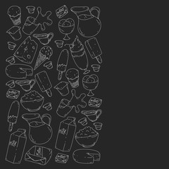 Vector pattern with icons of milk, butter,cottage cheese, sour cream, cheese, yogurt, ice cream, cream. Collection of dairy products.