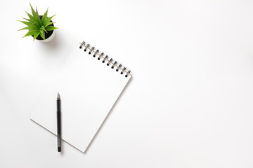 office desk top view with blank notepad, pen and plant vase. Flat lay with copy space.