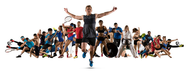 Sport collage. Running, soccer, fitness, bodybuilding, tennis, fighter and basketball players