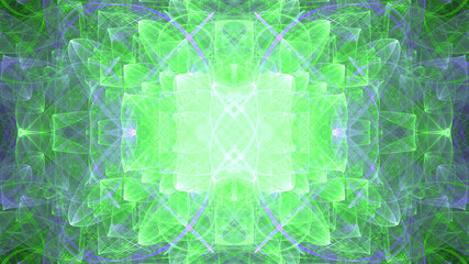 Abstract fractal background made out of   an intricate large central star with decorative beams, arches, rings and rectangular tiles in shining colors