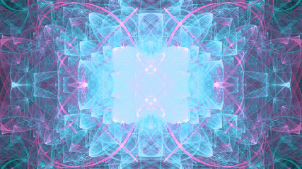 Abstract fractal background made out of   an intricate large central star with decorative beams, arches, rings and rectangular tiles in shining colors