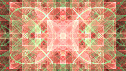 Abstract fractal background made out of an intricate large central star with decorative beams, arches, rings, all in a square grid in shining colors.