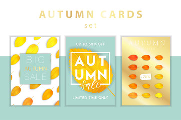 Trendy and elegant autumn background with realistic yellow gold orange leaves Gradient leaf, simple minimalistic style Sale banner template collection Fall season poster, card set Vector illustration