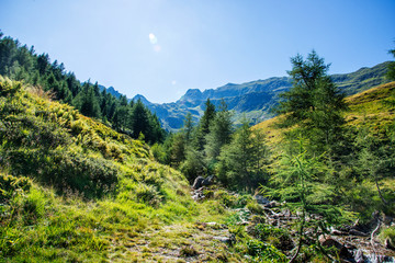 A horizon of alpine rocky peaks near the Dolomites, in Passo Pennes, in the province of Bolzano,...