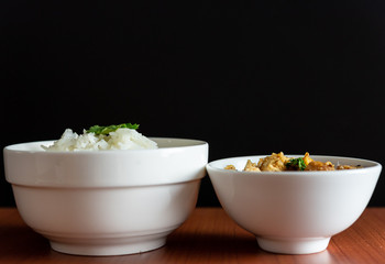 Thai cuisine, Northern of Thailand Lanna style, Hot steamed rice with crispy belly pork in chili flavor, Space for text
